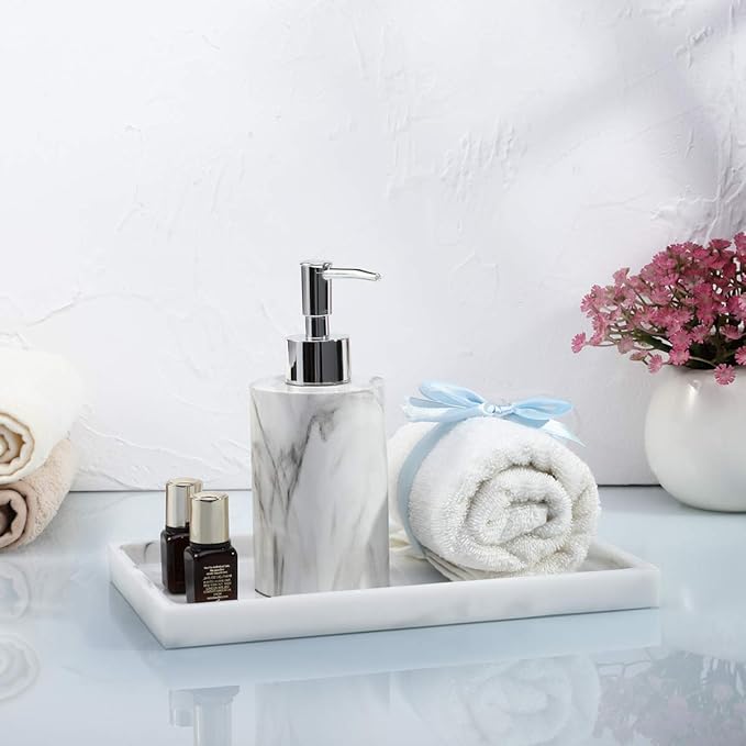 Emibele Bathroom Tray, Resin Countertop Vanity Tray Jewelry Storage Dresser Tray Kitchen Toilet Tank Tray Organizer for Candle Plant Perfume Shampoo Towel Home Decor, Medium, Marble White