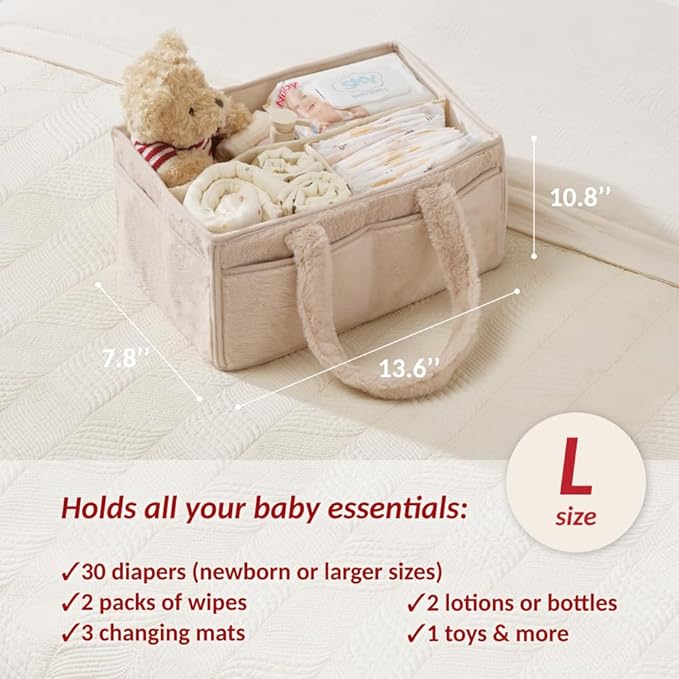 luxury little Soft Baby Diaper Caddy Organizer, Nursery Storage Basket with Removable Divider, Portable Baby Diapers Basket, Gifts for New Parent, Baby Shower, Newborn Must-Have Essentials, Ivory