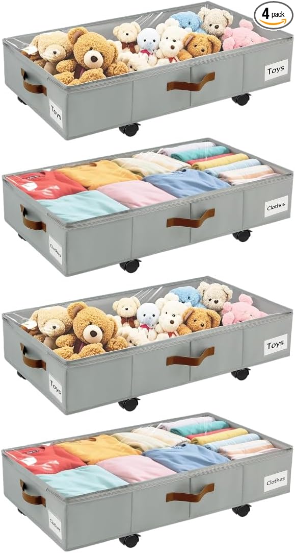 4 Pack Under Bed Storage– 30.5×17×5.5 Inch, Underbed Storage with Wheels Sturdy Sidewalls/Bottom, Clear Cover, Label and PU Handle, Rolling Under Bed Drawers for Clothes, Shoes, Toys, Blankets,Grey