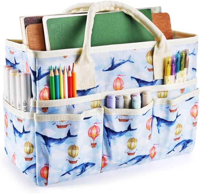 E-WEICHEN Craft Organizer Tote Bag Art Storage Caddy with Multiple Pockets Containers for Art,Craft,and Office Supplies Storage.Light Whale