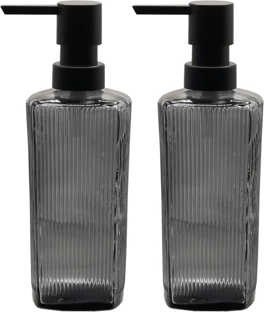 Gray Glass Soap Dispenser Set with Black Pump, 12oz Refillable Liquid Hand Dispenser, Lotion Dish Soap Dispenser for Modern Home Decor, Bathroom, Kitchen Countertop, Hotel(2 Pack)