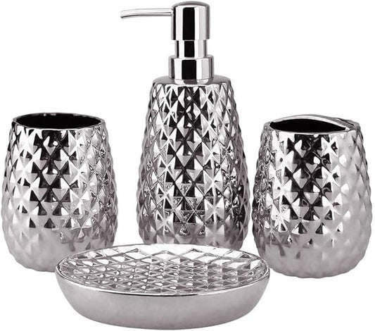 Silver Bathroom Accessories Set, Moroccan Trellis Bathroom Ensemble Complete Sets for Bath Decor Includes Soap Dispenser Pump, Toothbrush Holder, Tumbler, Soap Dish, Ideas Home Gift
