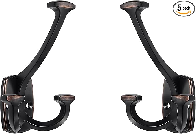 Large Wall Double-Sided Hook 5 Pack Oil Rubbed Bronze Hook Decorative Heavy Duty Solid Large Coat Hooks for Towel Hanging Coats Robe Towel Bags Door Back 2 Prong Hooks