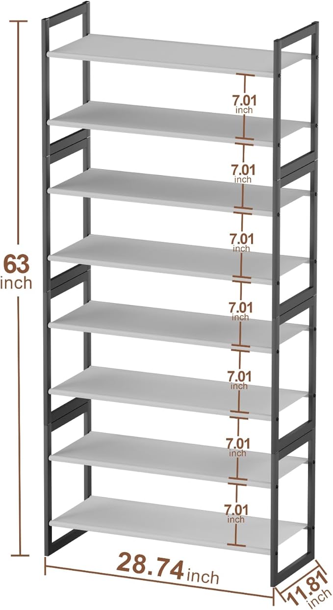 8-Tier Tall Shoe Rack, Stackable Zero-Wobble Metal Frame with Screw-Fastened Joints, 11.8" Deep Heel-Friendly Non-Woven Shelves, Space-Saving Shoe Tower for Closet Entryway Bedroom