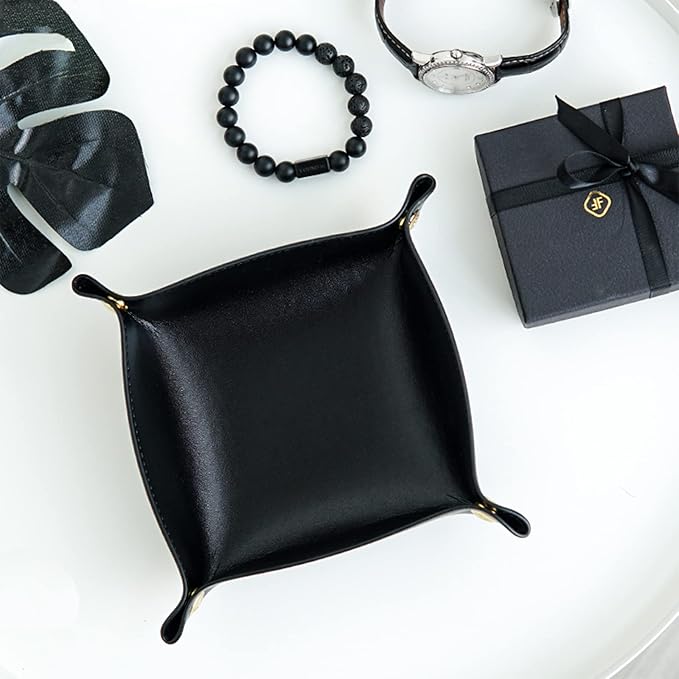 Valet Tray, Leather Tray, Small Catchall Tray, Foldable Jewelry Travel Organizer, Suitable for Travel, Storage, Nightstand, Home or Office (Black-S)