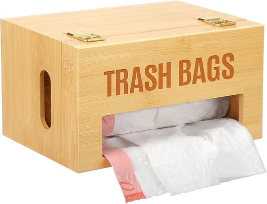 Bamboo Garbage Bag Holder, Multi-Mount Space-Saving Trash Bag Organizer for Kitchen, Pantry, Holds 8-33 Gallon Rolls & 50+ Grocery Bags, Under-Sink/Wall-Mounted/Cabinet Storage