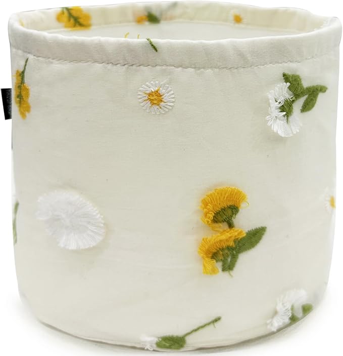 HAUSFRAU Storage Baskets Bins Makeup Organizer, Decorative Round Keys Basket for Desk, Shelves, Tabletop, Gift for mom, wife, girlfriend, 5.12" Embroidered Jacquard Box Dandelion