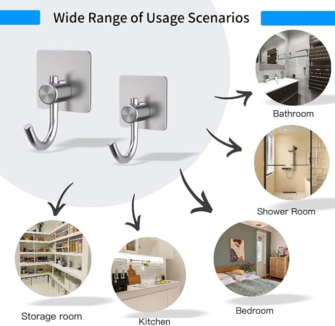 Adhesive Towel Hooks for Bathroom 4 Pack, Silver Self Adhesive Hand Towel Holder for Hanging Towels, Lightweight Clothing, Perfect for Bathroom, Closet, Cabinet, and Behind Doors