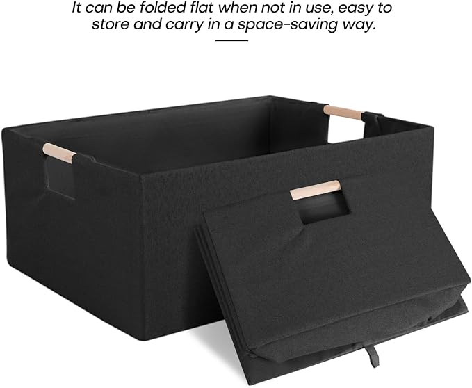 Fabric Storage Bin Box Foldable Cotton Linen Storage Basket with Wooden Handles Rectangular Cube Decorative Home Laundry Organizer Clothes Blanket Container – Black, Large