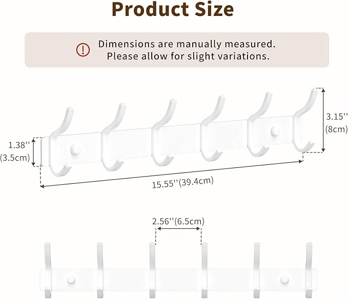 White Coat Rack Wall Mount - 15 Inch Arc Shaped Design with 6 Hooks for Hanging Coats, Bags, and Towels in Entryway, Livingroom, Bedroom, Bathroom, and Kitchen, 1 Pack