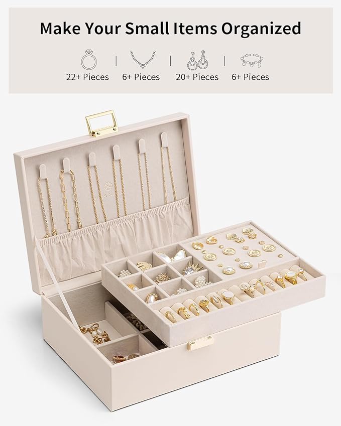 Vlando 2 Layer Jewelry Box Large Jewelry Organizer for Women Removable Jewelery Tray for Necklace Earrings Rings Bracelets Christmas Gifts for Mom Wife (Light Pink)