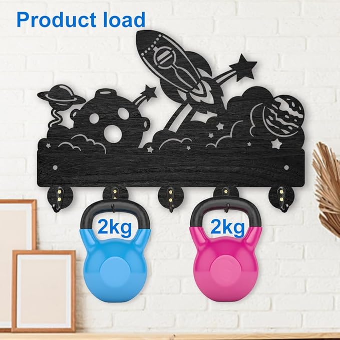 MAYJOYDIY Rocket Planet Coat Rack Wall Mount 11.8×7.9inch Wood Key Holder for Wall Key Hanger Mysterious Space Theme Key Hooks 5 Alloy Hooks Star Cloud Black Key Rack for Art Decor Entryway Gift