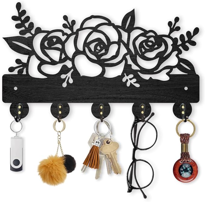 MAYJOYDIY Flower Plant Coat Hooks Wall Mounted 11.8×7inch Rose Flower Wood Key Holder for Wall Decorative Key Rack Hanger with 5 Alloy Hooks Key Hooks for Entryway Home Decor Mother's Day Gift