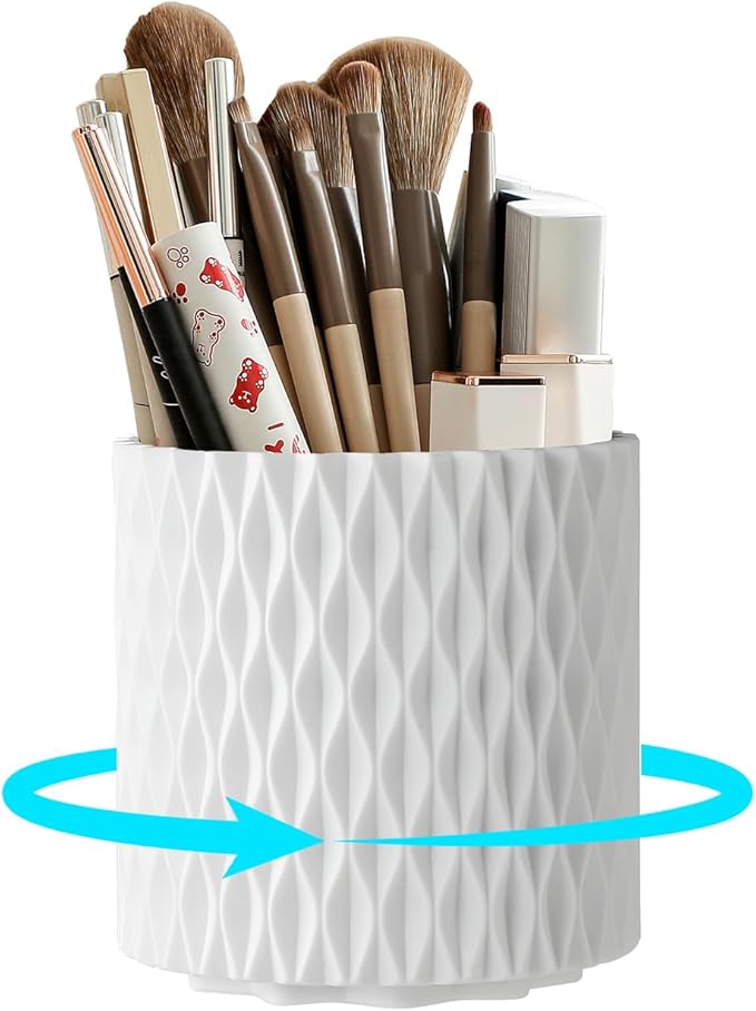 360° Rotating Makeup Brush Holder, 5-Slot Cosmetic Organizer Cup for Vanity, Desk & Bathroom Countertop, White