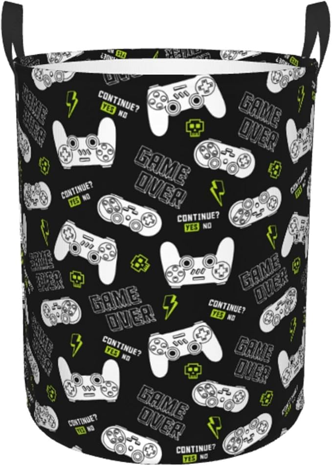 Game Controllers Pattern Round Laundry Hamper Gaming Joysticks Gamepad Storage Basket Toys Clothes Organizer Bin For Home Bathroom Bedroom Dorm Nursery, 38l