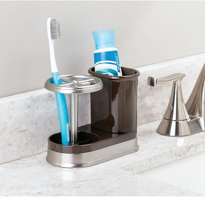 mDesign Decorative Bathroom Dental Storage Organizer Holder Stand for Electric Spin Toothbrush/Toothpaste - Compact Design for Countertop and Vanity, Holds 4 Standard Brushes - Dark Brown/Brushed