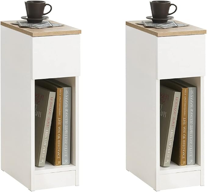 SoBuy Narrow Nightstand Set of 2, Narrow Bedside Table with Sliding Drawer and Open Compartment, Modern Slim End Table Storage Cabinet, White & Natural, FBT111-WNX2