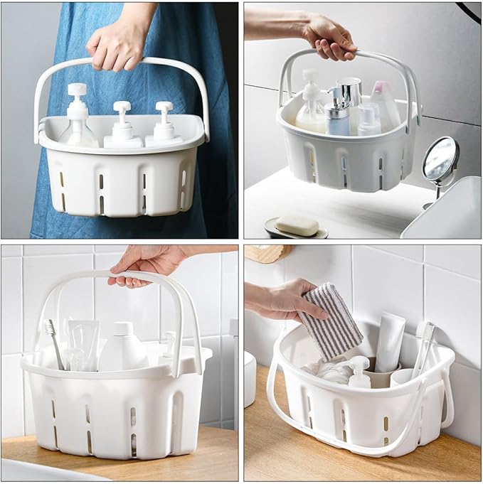 Portable Toiletries Holder and Handheld Bath Basket, White Pp Shower Caddy with Handle for Bathroom Storage and Cosmetics Organization, Household Portable Bathroom Organizer