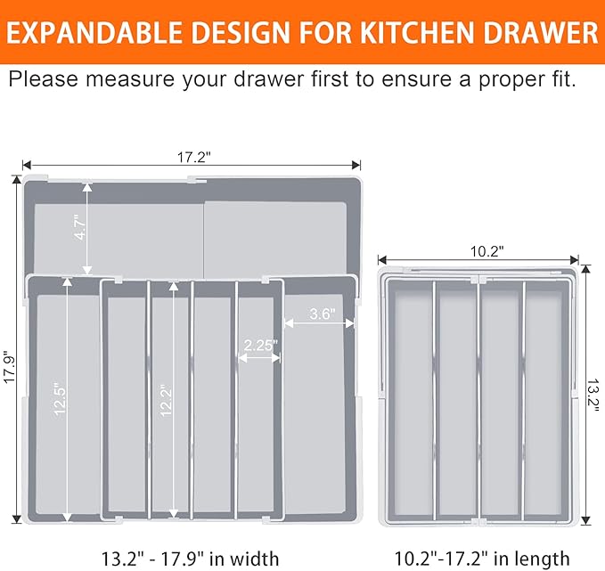 Large Kitchen Silverware Organizer - Expandable 17.2" x 17.9" Adjustable Drawer Tray, 4-7 Compartments for Maximum Storage, BPA-Free, Grey,L