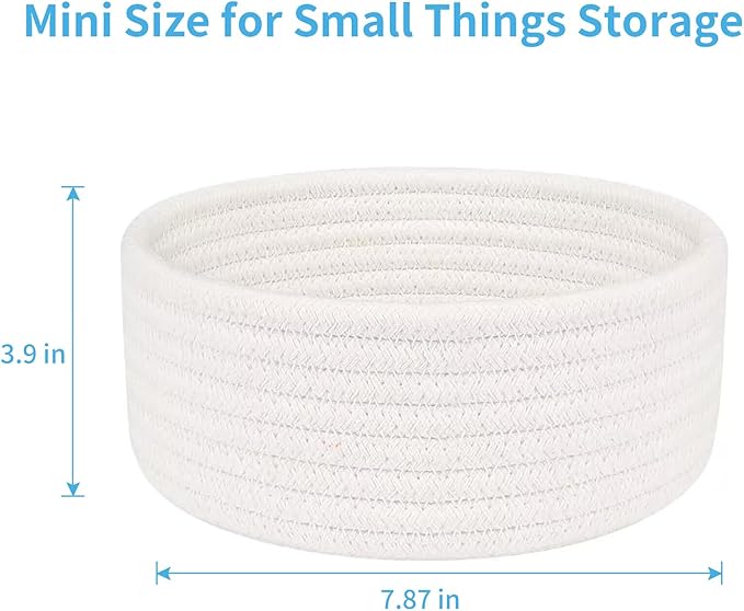 ABenkle Small Woven Basket, Empty Tiny Shallow Storage Basket, Mini Cotton Rope Baskets, Round Decorative Hamper, Basket Storage Bins for Toys, Spa, Socks, Nursery, Living Room- White