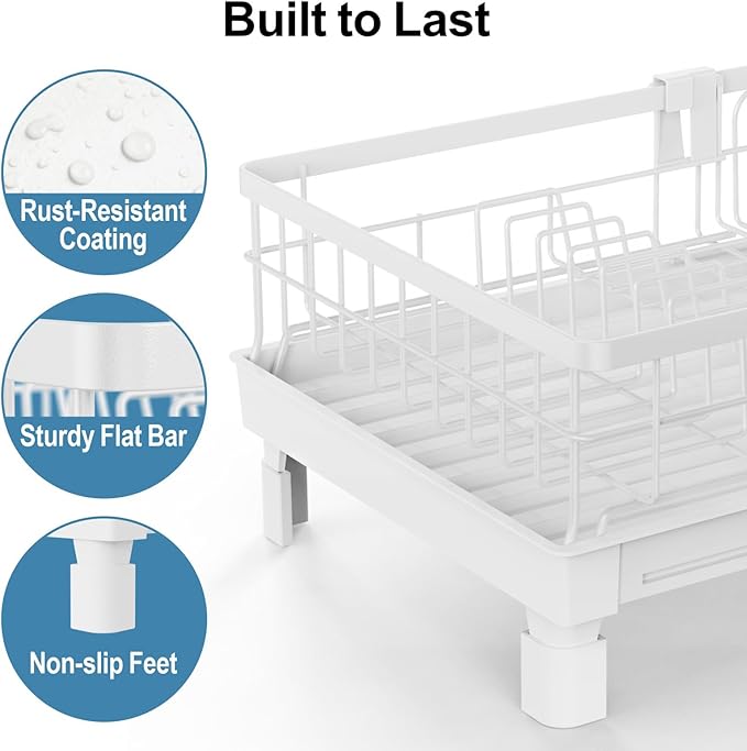 GSlife Expandable Dish Drying Rack for Kitchen Counter - Compact Rust-Resistant Dish Racks with and Cup Holder for Small Apartment, 12.2" W x 12"-20.5" L, White