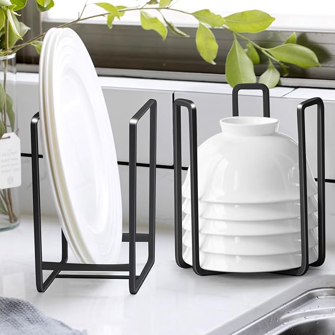 Dinnerware Bowl Plate Holder Fit for 6.5 Inches Diameters Bowl, Metal Bowl Storage Dying Display Rack for Kitchen Drawer, Countertop, Cabinet, Shelf, Cupboard (Black, 2L Bowl rack+ 2L Disc rack)