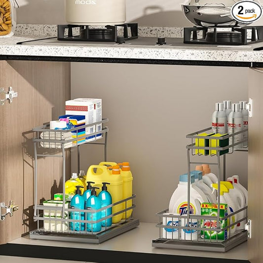 2 Pack Under Sink Organizers and Storage, 2 Tier Pull Out Cabinet Organizer, Metal Sliding Drawer Storage for Kitchen Bathroom，Gray