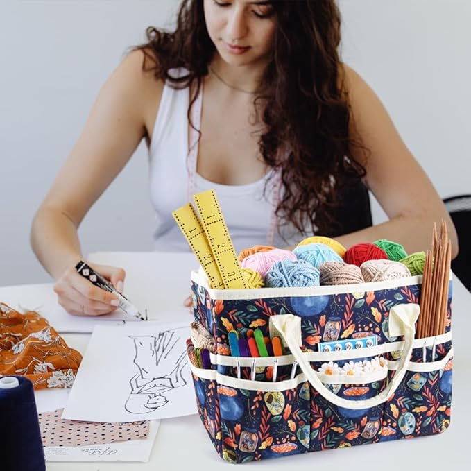 E-WEICHEN Craft Organizer Tote Bag Art Storage Caddy with Multiple Pockets Containers for Art,Craft,and Office Supplies Storage.Black Magic