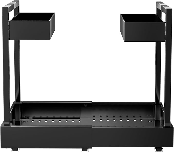 NEWMATIC Adjustable Under Sink Organizer Pull Out Drawers, 2-Tier Slide Out Cabinet Storage Shelf for Kitchen Sink, Height & Width Extendable Black, 15''D x 13''-20.5''W x 15''H(1Pack)
