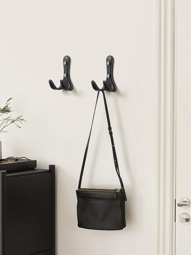 4 Pack Black Leather Coat 2 Hooks Wall for Hanging Round Coat Hooks for Hanging Robe Towels Bags Hats Scarf Keys Clothes Suitable for Bedroom, Entryway and Closet