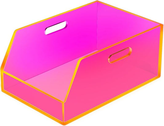 Gelite Stackable Storage Bins Open Front Organizer Bins with Handles Acrylic Storage Container for Pantry Kitchen Cabinet Bathroom Closet Office Organization, 11.4x7.5x5.1'', Neon Pink