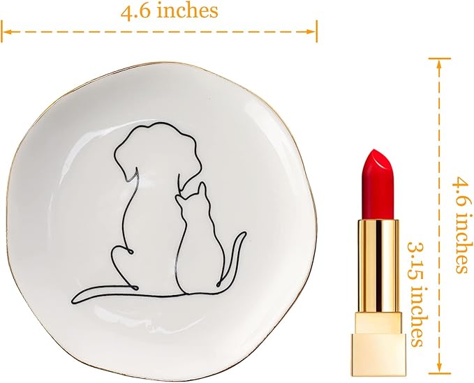 HOME SMILE Ceramic Cat and Dog Ring Dish, 4x4x0.6 inches, White, Irregular Round Shape, Polished Finish, Christmas Gift