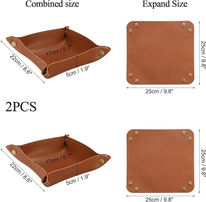 2 Pcs Leather Valet Tray Organizer Set, Folding Travel Storage for Jewelry Keys, Home Office Desk Organizer(Brown)