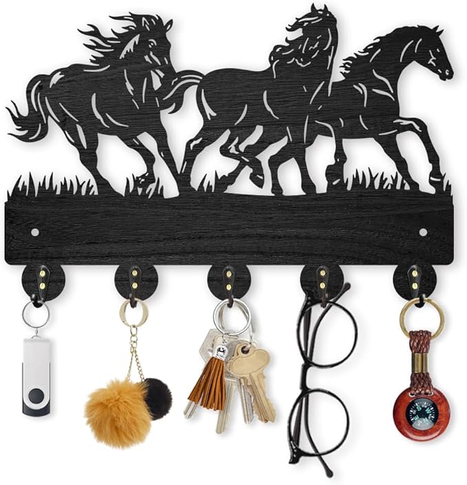 MAYJOYDIY Horse Coat Hooks Wall Mounted 11.8×7.9inch Running Horse Key Holder for Wall Wood Key Rack Hanger with 5 Alloy Hooks for Wall Art Decor Entryway Front Door Gift