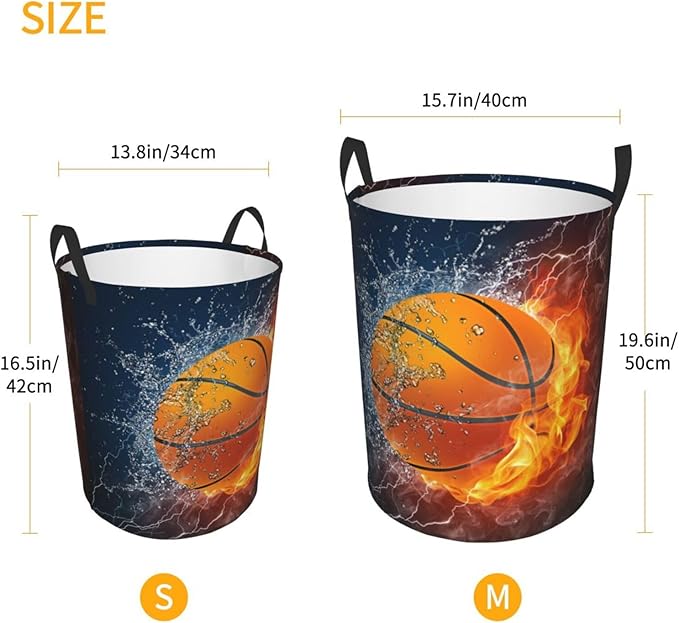 Sport Basketball Ball In Fire And Water Round Laundry Hamper Storage Basket Toys Clothes Organizer Bin For Home Bathroom Bedroom Dorm Nursery, 62l