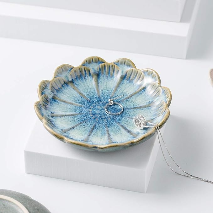 ring holder, flower shape decorative earring stand, jewelry tray, key bowl, trinket dish for women and friends, flower blue