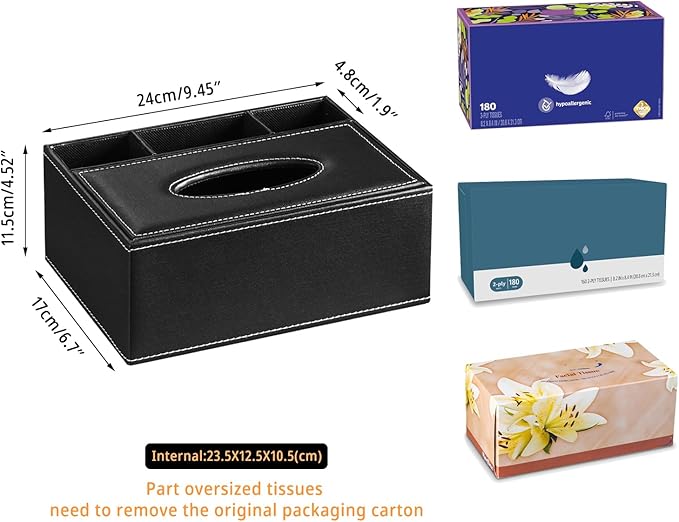 Leather Tissue Box Cover Rectangle,Compatible with Kleenex Box Covers,Facial Tissue Box Holder with Remote Control Holder,Decorative Nighstand Organizer,Tissue Dispenser for Bathroom Black