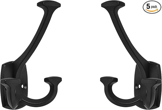 Large Wall Double-Sided Hook 5 Pack Matte Black Hook Decorative Heavy Duty Solid Large Coat Hooks for Towel Hanging Coats Robe Towel Bags Door Back 2 Prong Hooks