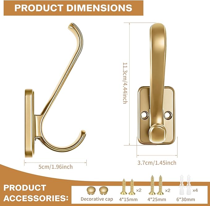 Coat Hooks Heavy Duty - Metal Wall Hooks Wall Mount with Concealed Screw Design Matte Black Hooks for Hanging Towel, Key, Robe, Scarf, Entryway Closet Mudroom Bathroom (4, Gold)