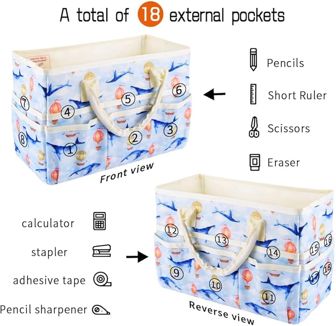 E-WEICHEN Craft Organizer Tote Bag Art Storage Caddy with Multiple Pockets Containers for Art,Craft,and Office Supplies Storage.Light Whale