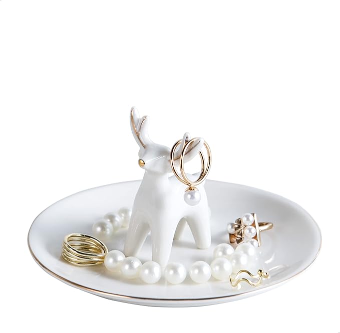 Kimdio Ring Holder Ceramic Christmas Deer Jewelry Tray Jewelry Dish Necklace and Earring Holder for Women Home Decor Gift for Christmas Birthday Wedding etc.