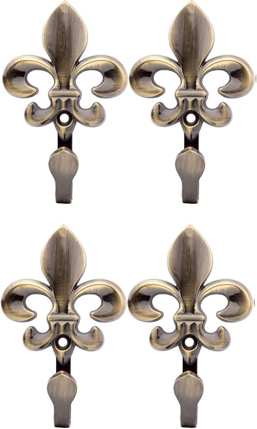 Wall Hooks, 4 Pack Decorative French Fleur De Lis Metal Hooks for Coat, Towel, Curtain Tie Back, Robe, Bag, Heavy Duty Gold Bronze Finish for Bathroom, Bedroom, Entryway(Bronze)