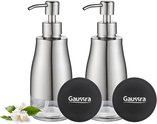 Gaussra 2 Pack Soap Dispenser with Coaster and Stickers, Stainless Steel Case Glass Liner Hand Pump Dispenser, Refillable Liquid Hand Soap Dispenser for Bathroom & Kitchen - Brushed Nickel