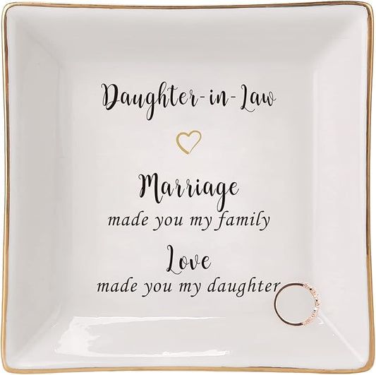 HOME SMILE Mother's Day Wedding Valentine Gifts for Daughter In Law From Mother In Law,Ceramic Ring Dish jewelry Tray,-Marriage Made You My Family,Love Made You My Daughter