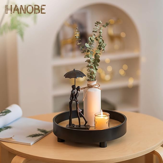 Hanobe Round Bathroom Decorative Tray: Large Vanity Decor Perfume Jewelry Trays for Bedroom Dresser - 12â Black Circle Pedestal Stand for Restroom Display