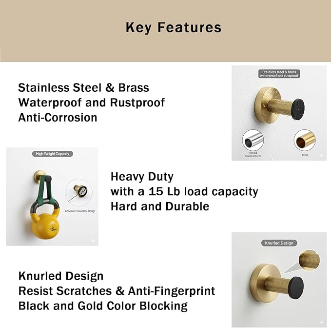 Single Towel Hook, Wall Mount Robe Hook in Stainless Steel with Solid Brass Knurled Accents, Heavy Duty Coat Hook for Bathroom, Kitchen, Entryway（3-Pack, Black and Gold）