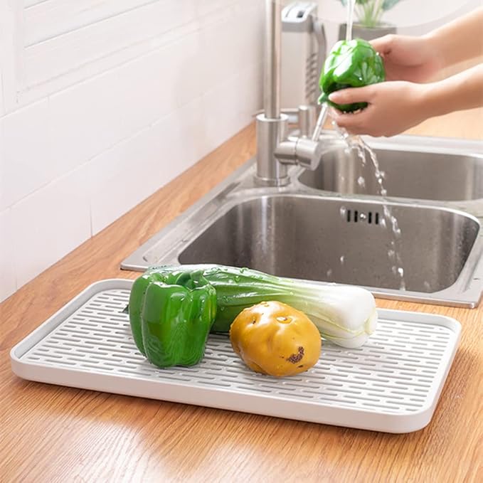 2Packs Serving Tray & Dish Rack & Flat Drain Board, Multi-Use Tray for Serving, Fruit Drain, Cup Drain, Vegetable Drain, White & Grey, Perfect for Coffee, Kitchen, (6.69W x 12.2L)