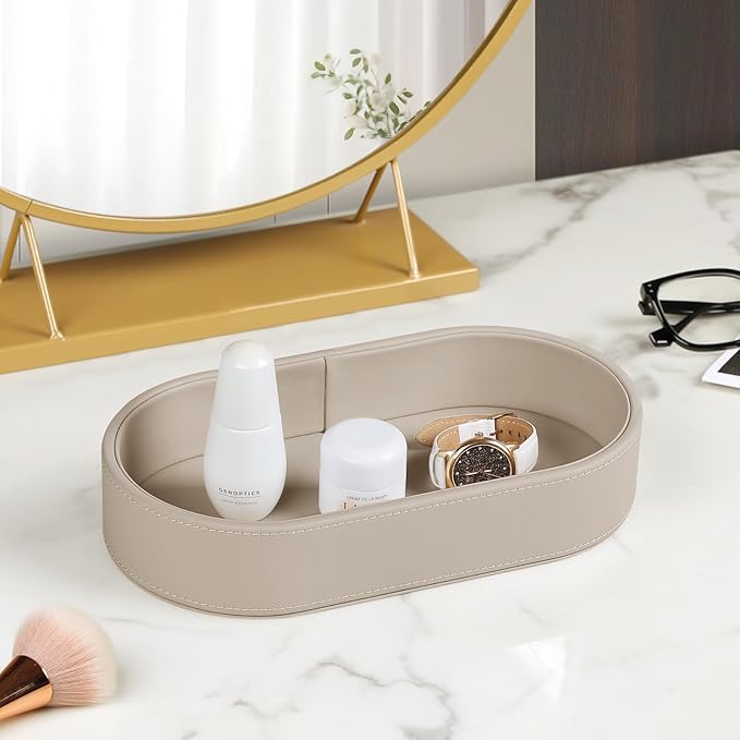 Oval Desk Valet Tray, PU Leather Perfume Dish Bowl for Keys Wallet Watch, Decorative Trinket Vanity Jewelry Tray, Entryway Nightstand Organizer Women Men (Beige)