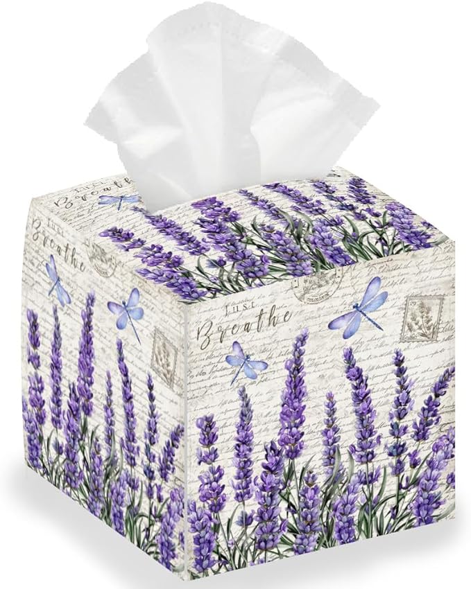 Lavender Tissue Box Holder, Flower Square Tissue Box Cover Foldable Tissue Storage Box Waterproof Paper Towel Case Container Organizer Tissue Box Holder for Bedroom Bathroom Car Nightstand