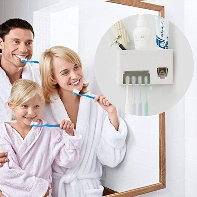 Toothpaste Dispenser Toothbrush Holder Set, Toothpaste Squeezer Tooth Brush Holder Set Holder with Anti-dust Cover, 3-in-1 Wall Mounted Holders with 1 Storage Grids Bathroom Accessories
